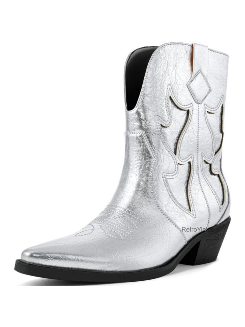 Metallic Embroidered Cowboy Boots Pointed Toe Pull On Chunky Heel Western Boots